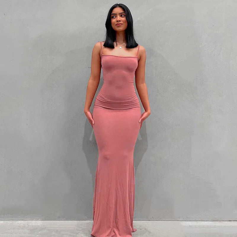 Satin Slip Sleeveless Backless Maxi Dress Women Y2K Summer Bodycon Elegant Sexy Outfits Ladies Birthday Party Club Sundress Pink