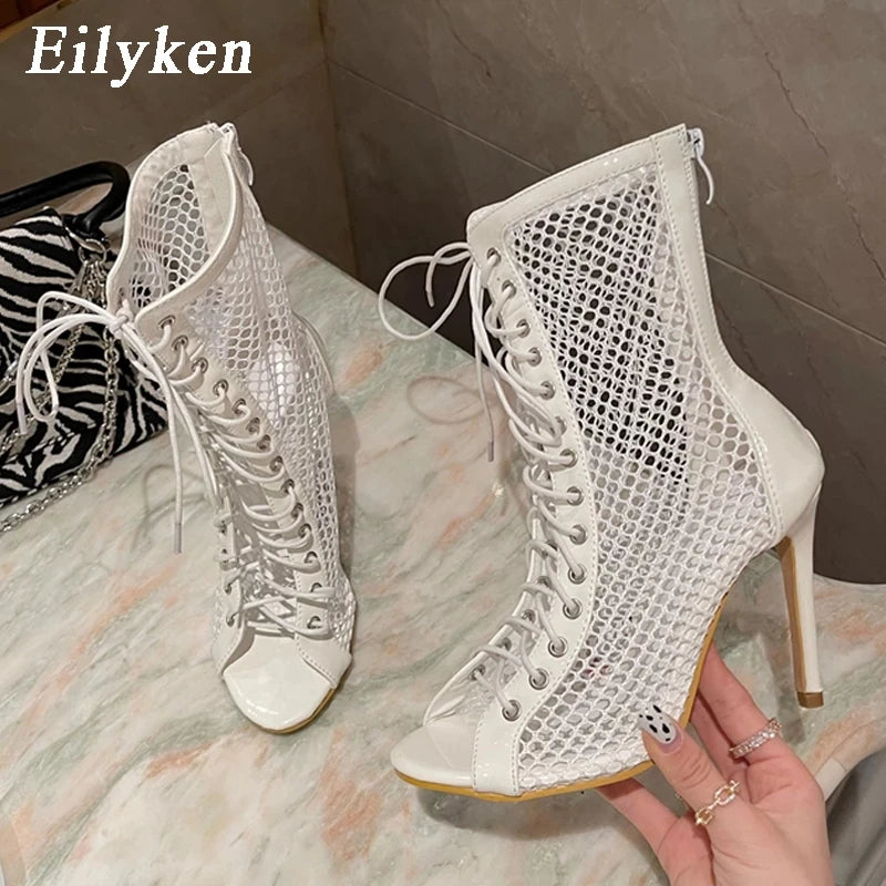 Fashion Design Mesh High Heel Women Boots Sandals Sexy Peep Toe T-tied Stripper Pole Dancing Stiletto Shoes White