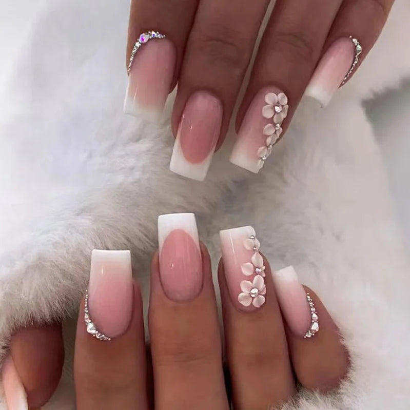 24Pcs Mid-length French False Nail with Diamond Gradient Square Press on Nails Flower Design Fake Nail Wearable Manicure Tools