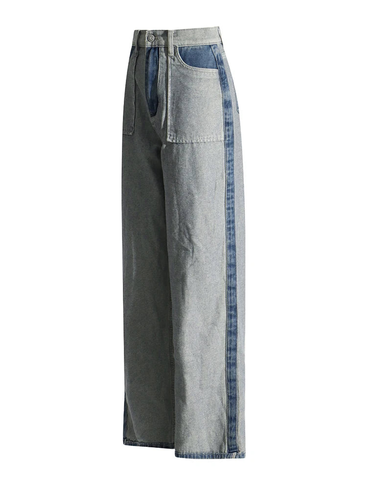 Patchwork Pockets Casual Denim Trousers For Women High Waist Spliced Button Hit Color Minimalist Loose Wide Leg Jeans Female