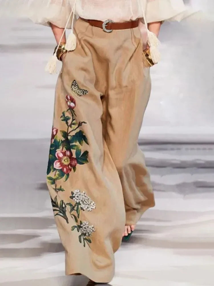 Krisnanas Women's Cotton and Linen Pants Fashion Pockets Flower Print Elasticity Belted Wide Leg Loose Trousers Pants