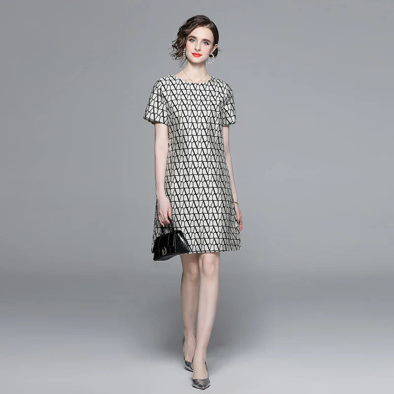 New Fashion Geometry Jacquard Short Sleeve Summer Dress Chic Elegant Temperament A-line Round Neck Dress Women Vestidos