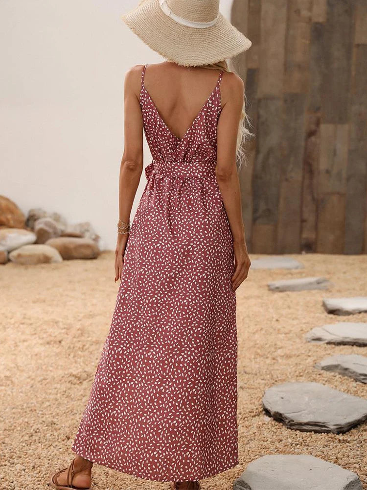 Summer Floral Print Long Dress Women Sexy Backless Bandage Slit Beach Sundresses Casual Elegant Black V Neck Sleeveless Dress