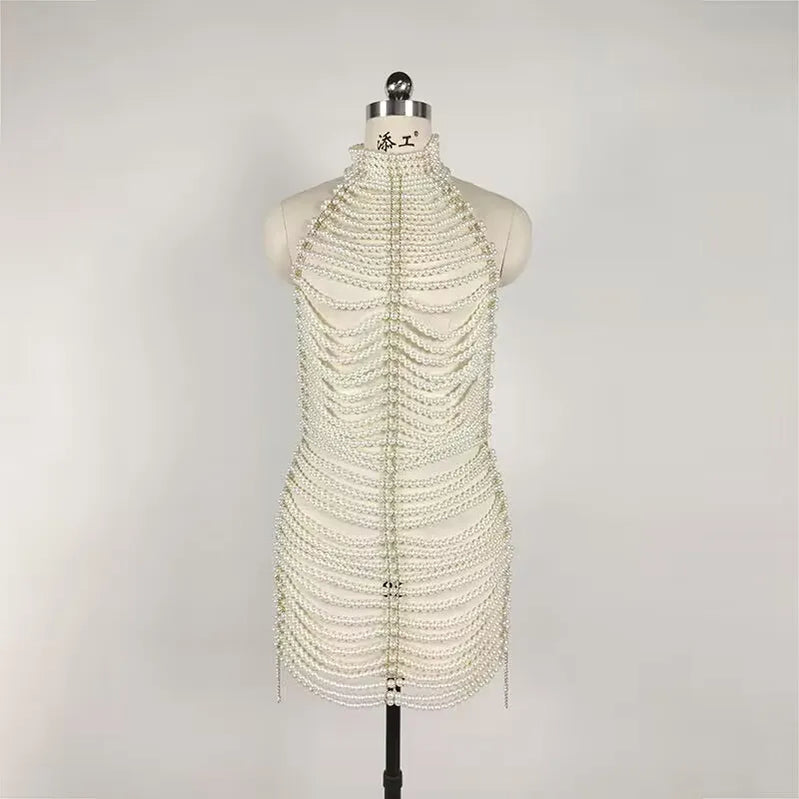 New Arrival Sexy Backless Pearl Beading Hollow Out Halter Mini Evening Dress Trendiness Party Dress Stage Performance Costume