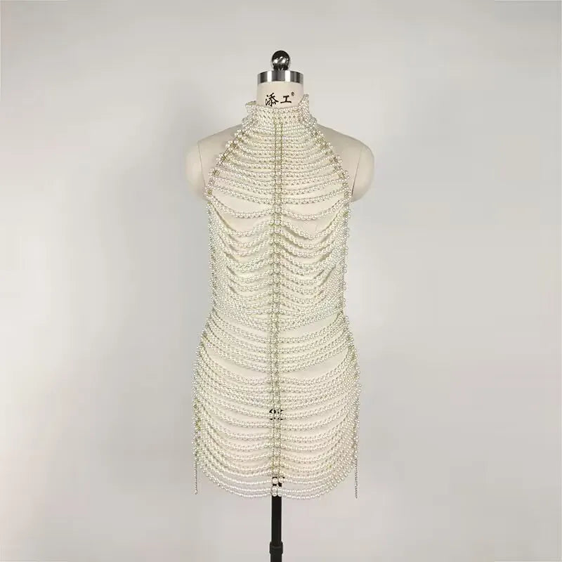 New Arrival Sexy Backless Pearl Beading Hollow Out Halter Mini Evening Dress Trendiness Party Dress Stage Performance Costume