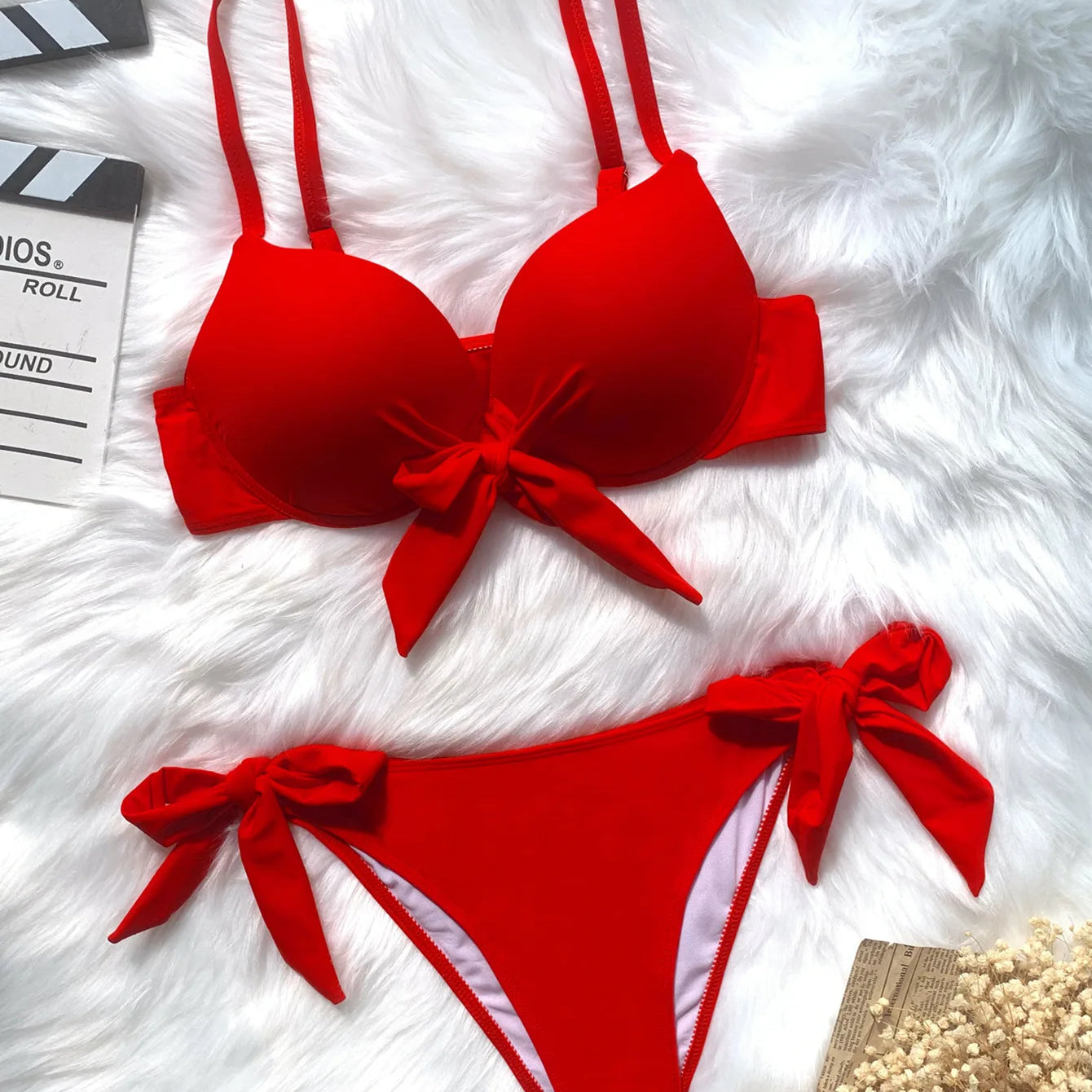 sexy front bow knot push up bikinis two pieces solid swimsuit tie bikini swimsuit Swimwear Biquini conjunto de bikini tankini Red