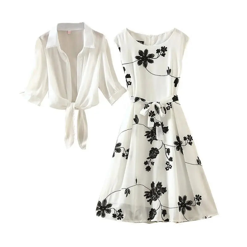 Elegant Suit Two-piece Dress High Waist Sleeveless Slim A-line Skirt Floral Embroidery White Top Bow Belt Vintage WOMEN