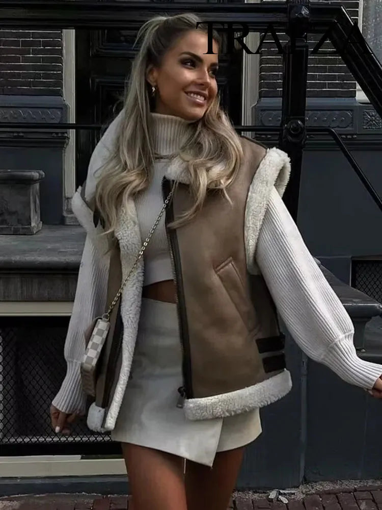 TRAFZA Winter Fur Vest Women Faux Sheepskin Fur Waistcoat Chic Lady Faux Leather Fleece Warm Vest Woman Sleeveless Jacket