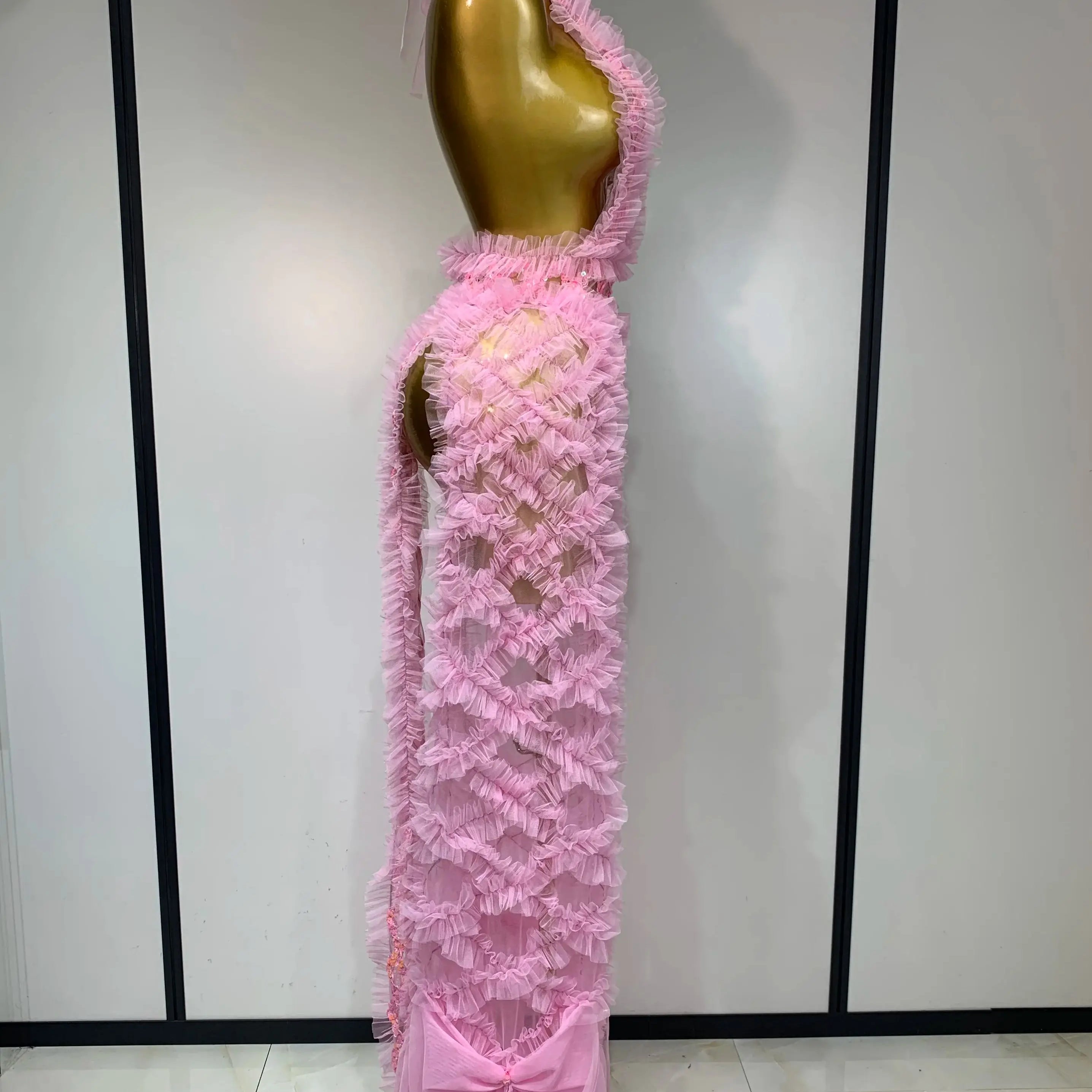 Mesh Sequins Sexy Backless Halter See Through Dress 2025 Birthday Evening Party Prom Nightclub Singer Stage Performance Costume