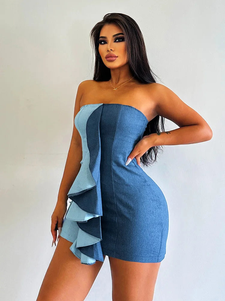 WannaThis Ruffle Faux Denim Strapless Dress Women Elegant Sleeveless Wrap Hip Mini Dresses Summer Backless Bodycon Party Dress