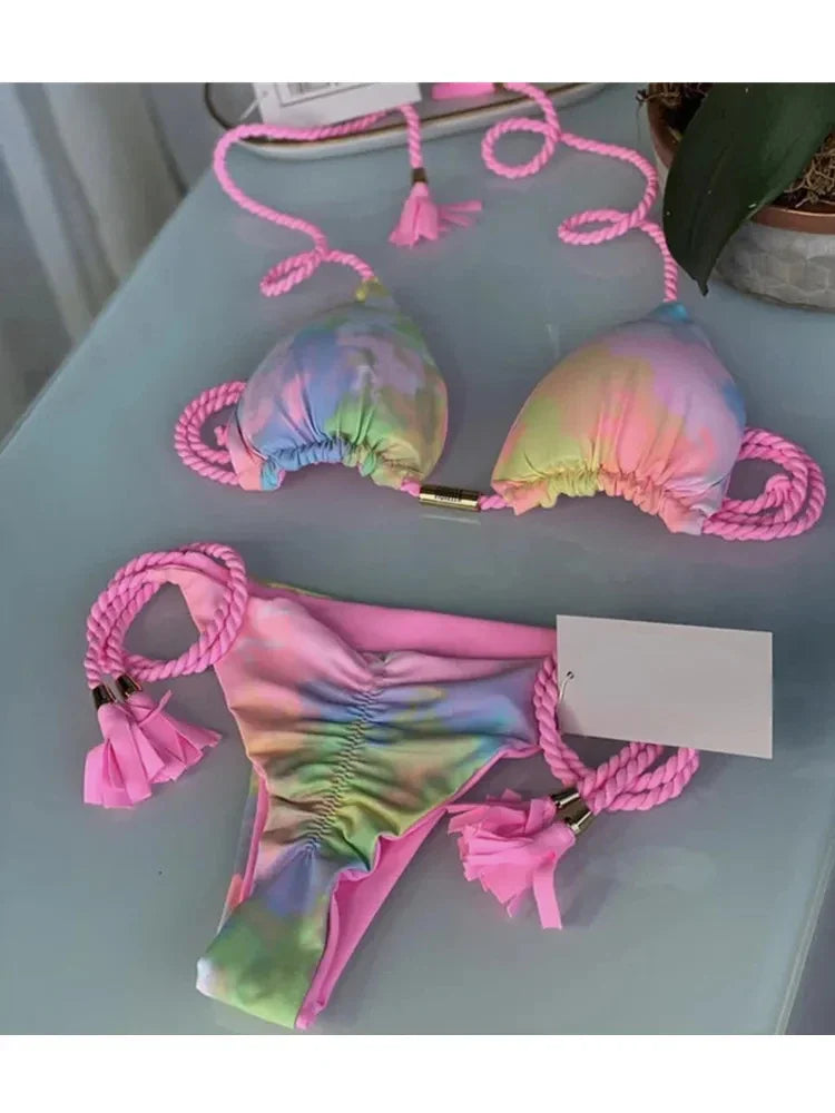 Sexy Swimsuit Women Triangle Bikinis Set Thong Bandage Swimsuits Solid Color Bath Suit Two Piece String Swimear Beach Wear 8232