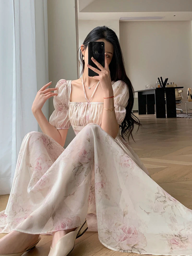 Summer Fashion French Retro A-Line Fairy Party Dress Female Floral Square Neck Lantern Sleeves High Waist Pleated Vest Dresses