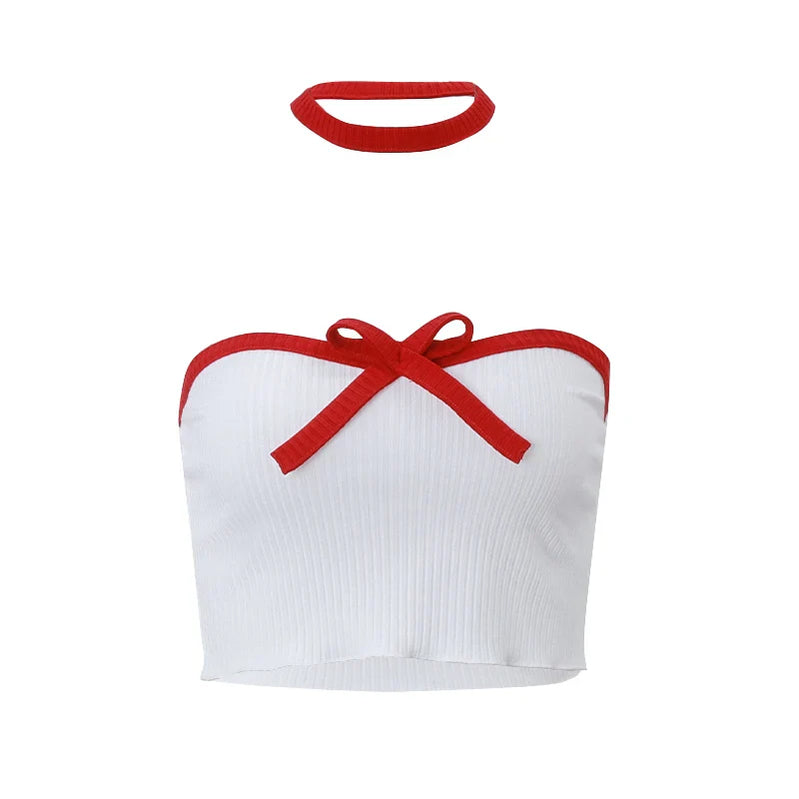 Y2K Patchwork Color Bow Stitching Tank Top Sexy Strapless Off Off Shoulder Backless Crop Tops Hot Sweet Slim Camis 2024
