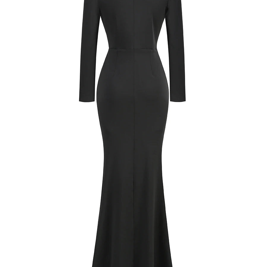 Vestido longo colado, preto, vermelho, branco, feminino, manga longa, sexy, decote em V, cristal brilhante, elegante, festa à noite, roupa de comemoração