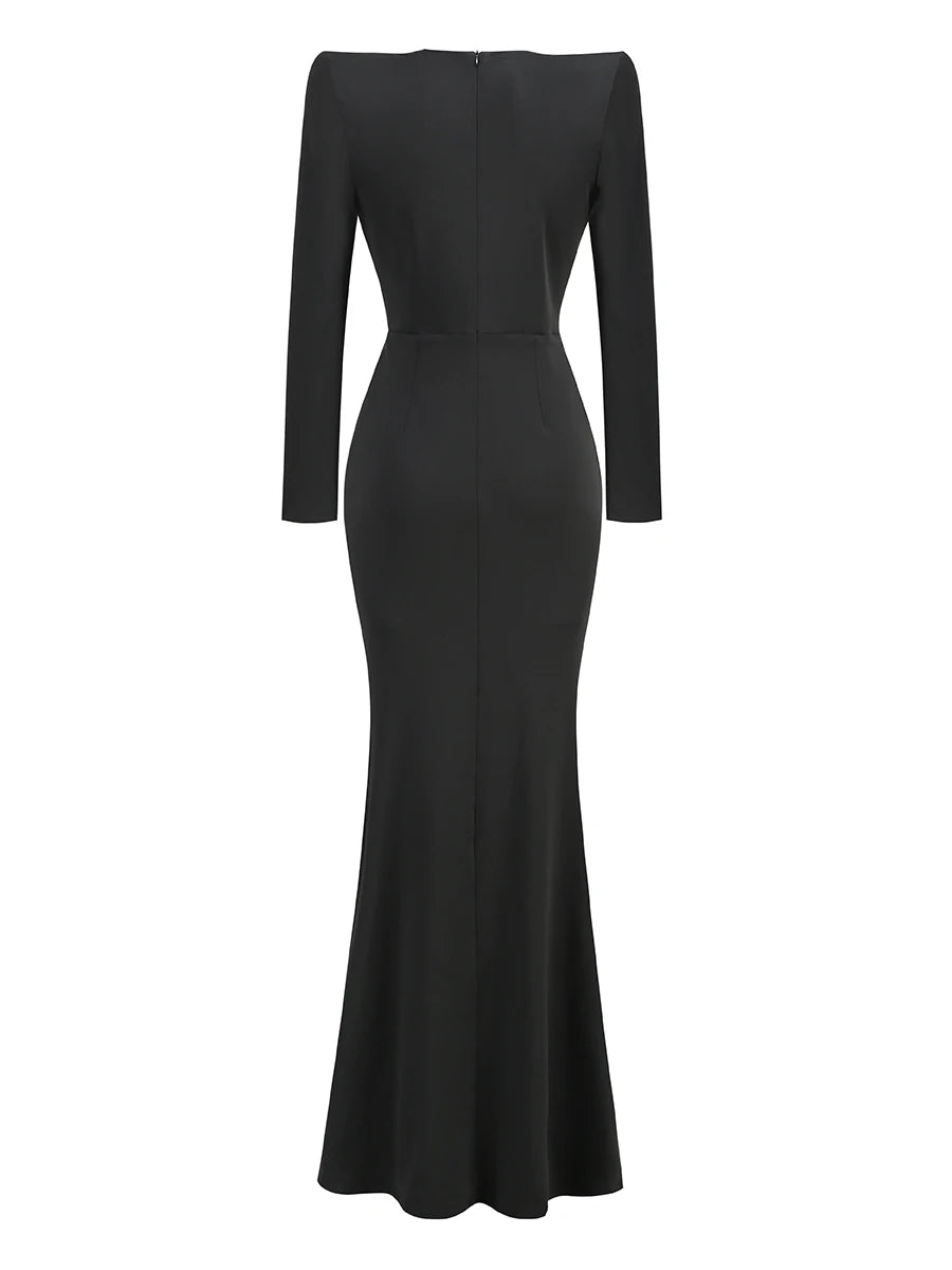 Vestido longo colado, preto, vermelho, branco, feminino, manga longa, sexy, decote em V, cristal brilhante, elegante, festa à noite, roupa de comemoração