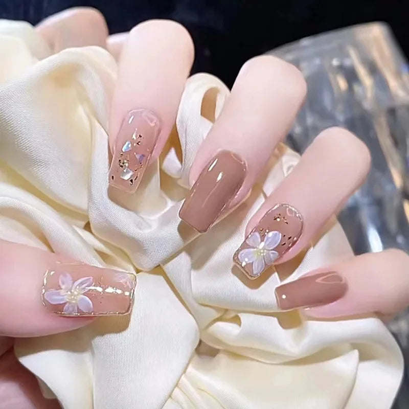 24Pcs Mid-length Ballet French Fake Nails Press on 3D White Bow Rhinestone Full Cover False Nails Tips Pearl Wearable Manicure