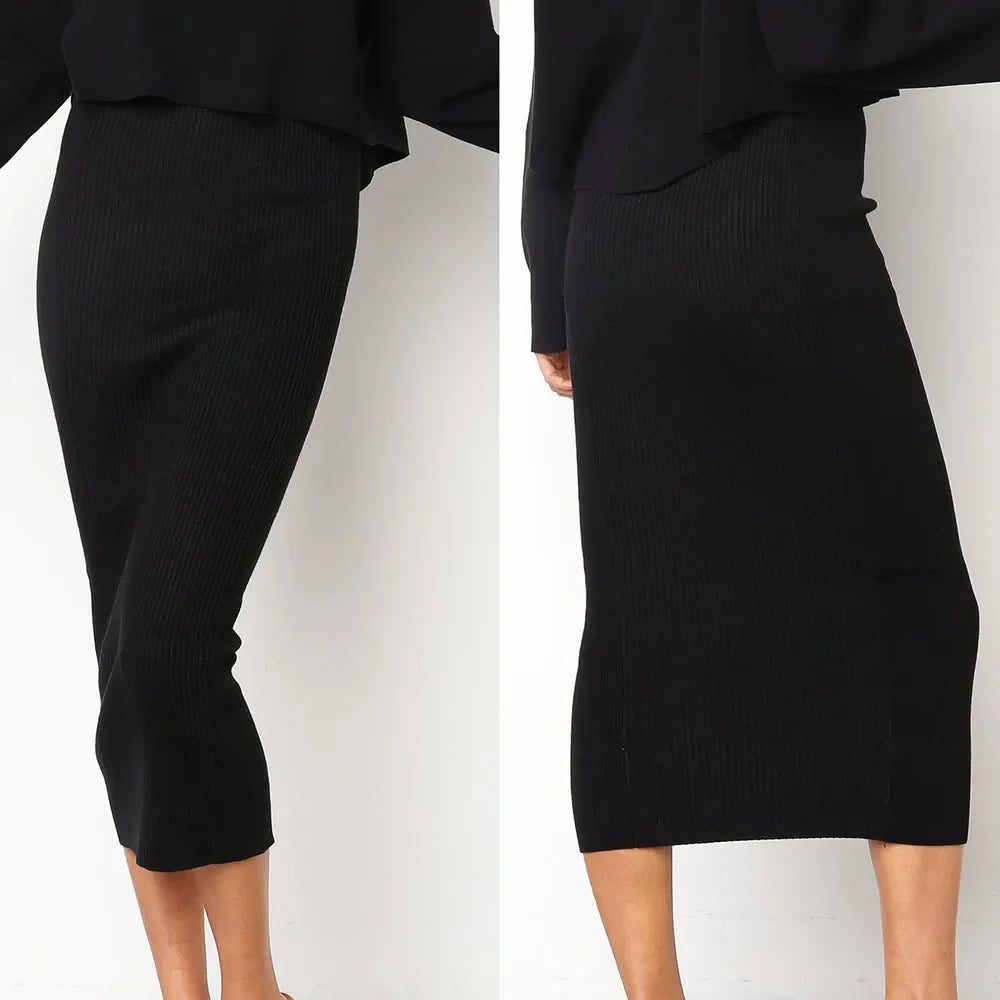 Skirts for Women Long Faldas Largas Knitted Bodycon Midi Slim Skirt New Spring Summer Jupe Femme Pencil Skirt Black Ropa Mujer