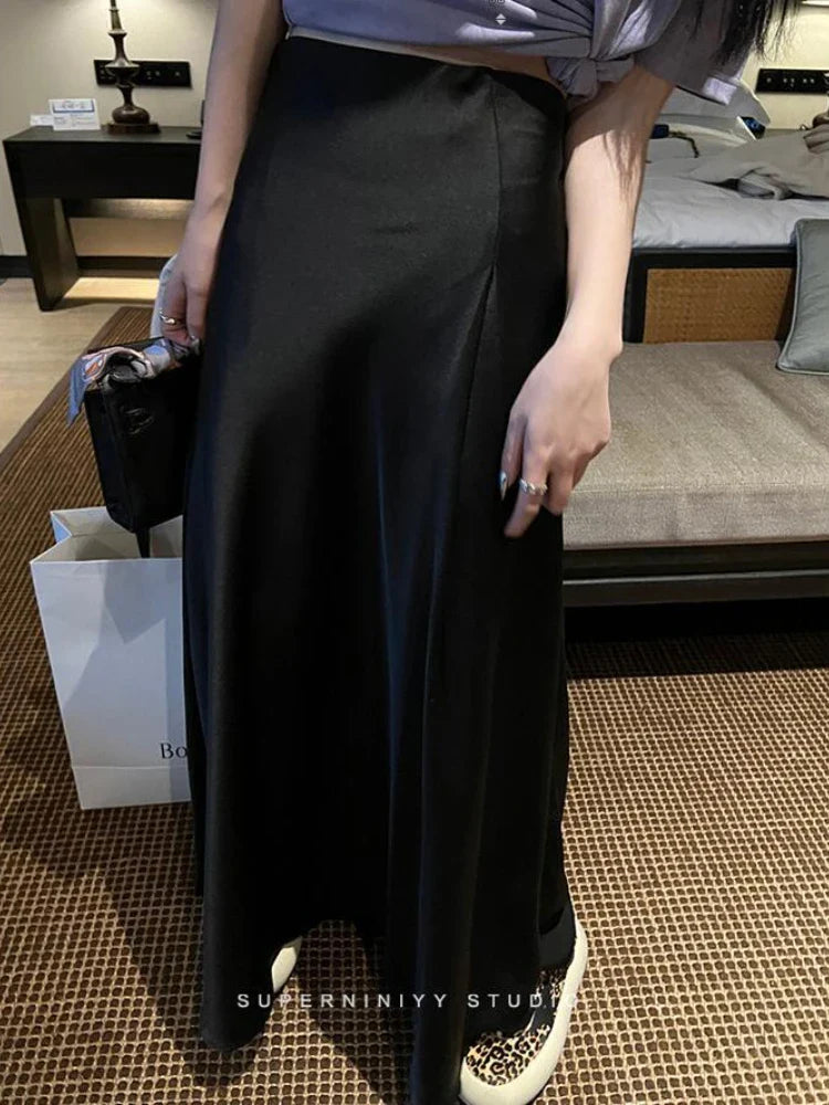 HOUZHOU Elegant Satin Skirt Summer Women Korean Fashion Solid High Waist Casual Long Skirts White Streetwear Office Lady Black