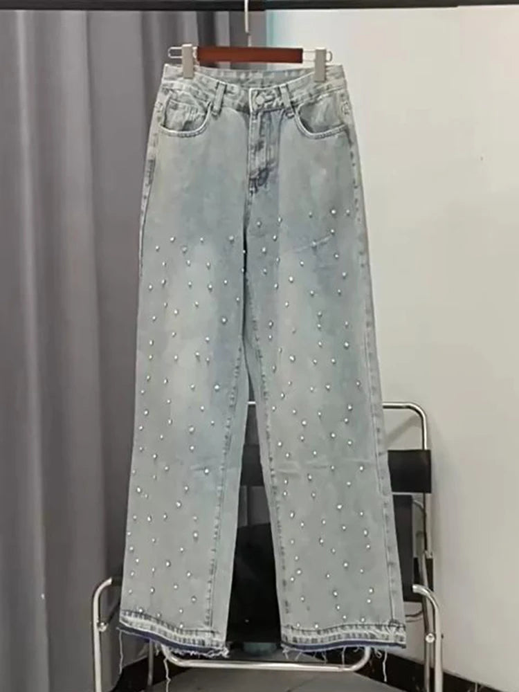 Patchwork Diamonds Casual Denim Trousers For Women High Waist Spliced Button Solid Loose Straight Jeans Female Fashion Blue