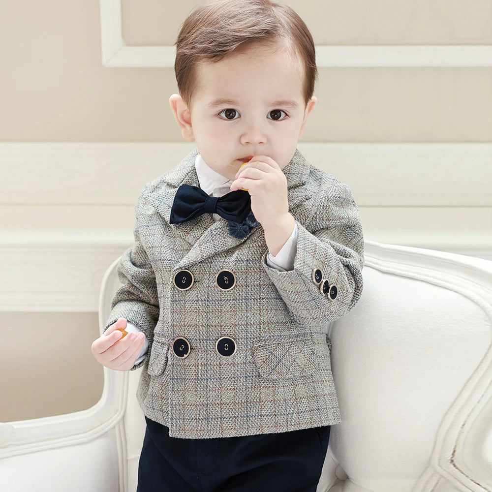 Suit for Kids Wedding autumn and winter Lattice Jacket black Pants braces Boys Blazer Casual Clothes Baby 1-8 Years Outfit