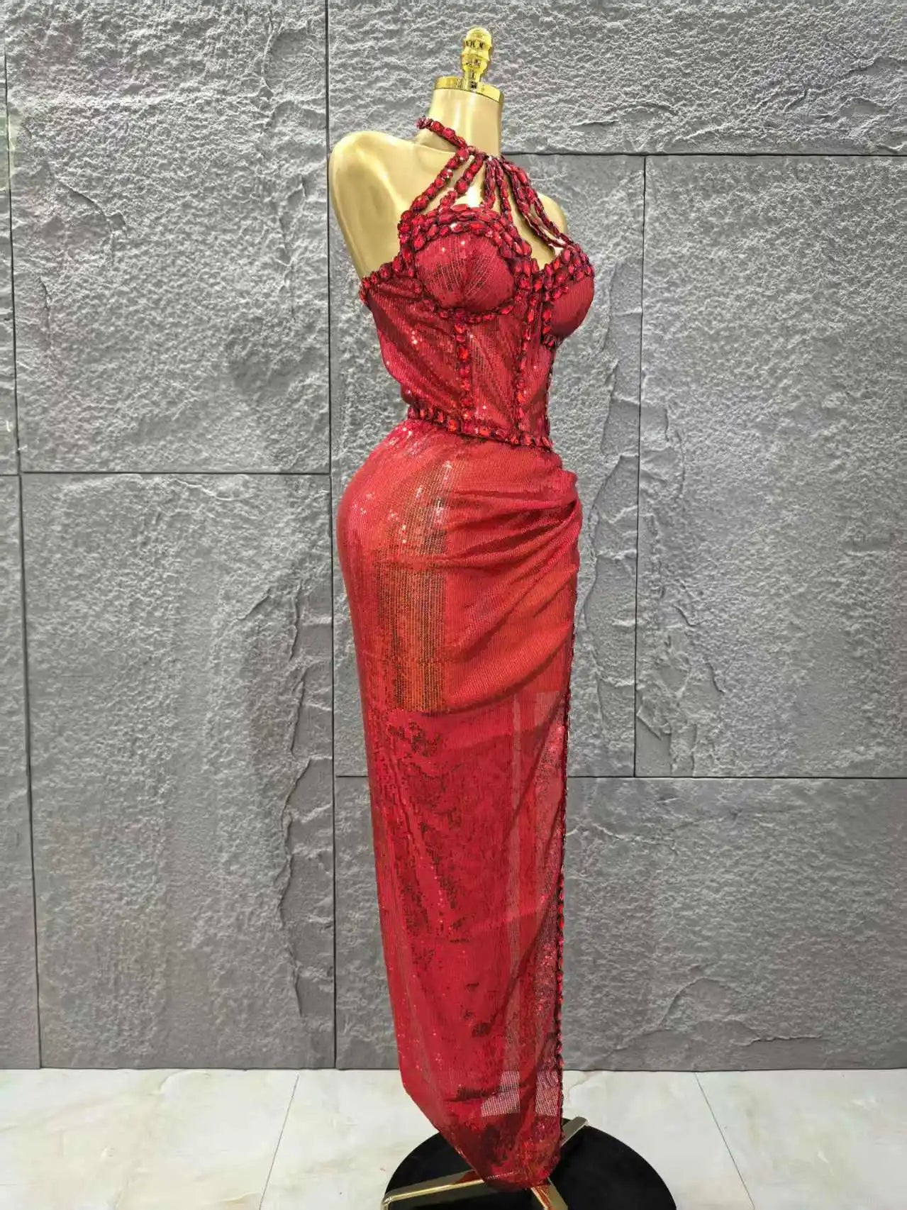 Red Color Women Sexy Off the Shoulder Shinning Crystal 2 Pieces Bodycon Long Dress Celebrate Birthday Party Nigtclub Outfit