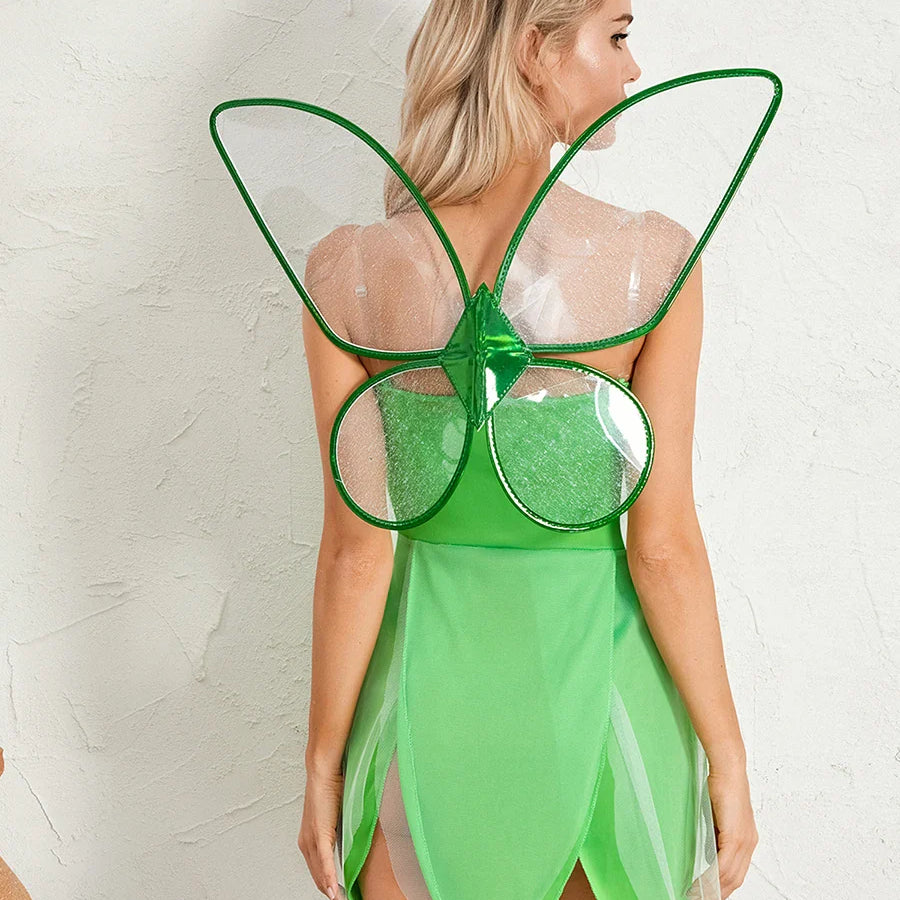 Women Fairy Tinker Bell Forest Princess Costume Cosplay Green Dress Up Fancy Halloween Christmas Party with Wing
