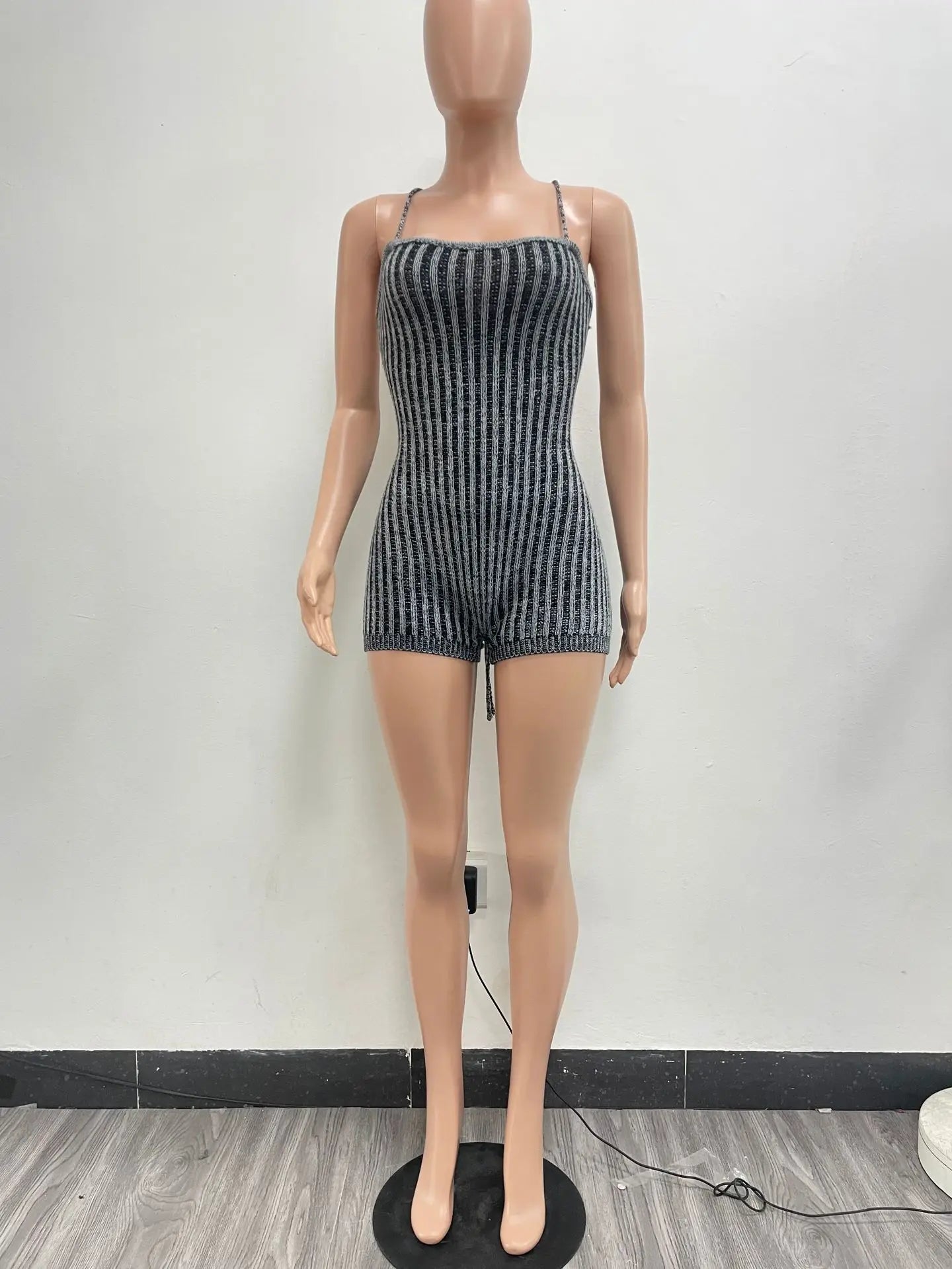 CM.YAYA Women Knitted Sleeveless Strap Short Jumpsuits Street 2024 Summer Striped Casual Sexy One Piece Suit Romper Playsuits