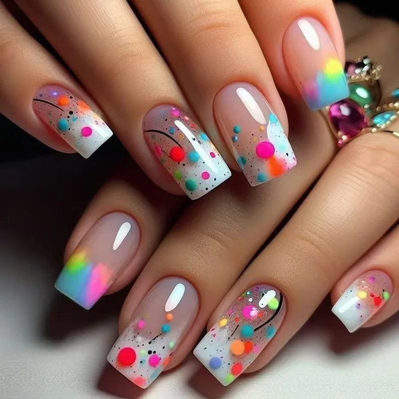 24pcs/set short medium fake nails shinny sparkling glitter square ballet nail tips starry star cat eyes press on false nail art