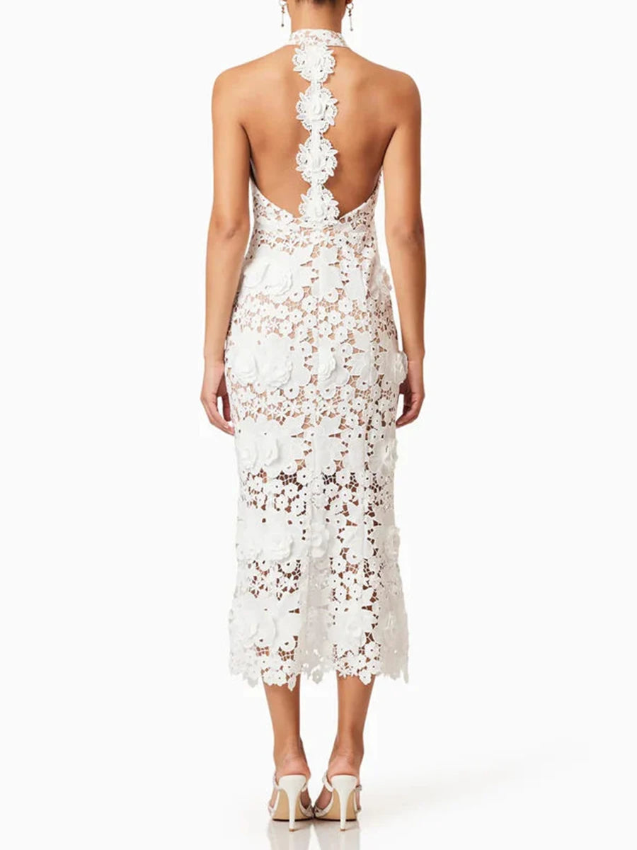 TWOTWINSTYLE Solid Slimming Hollow Out Dresses for Women Halter Neck Sleeveless Patchwork Appliques Elegant Dress Female Fashion