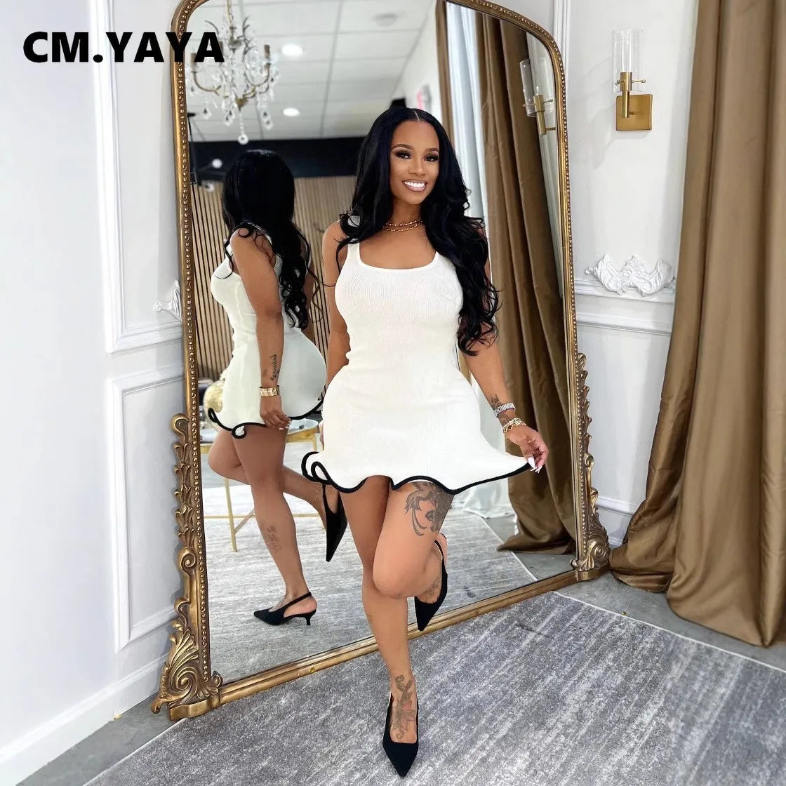 CM.YAYA Women Sleeveless O-neck Tank Mini Dress 2025 Summer Slim Sexy Sweet Club Party Evening High Street Ruffles Dresses