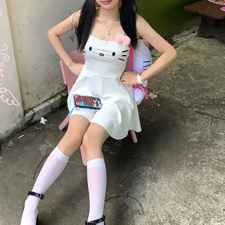 HOUZHOU Kawaii White Dress Women Japanese Y2k Cat Face Embroidery Cute Spaghetti Strap Mini Dress Bow Patchwork Anime Sundress