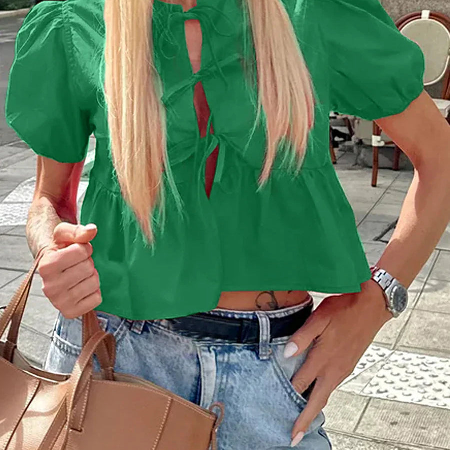 wsevypo Chic Summer Babydoll Shirts Solid/Stripe Short Women's Puff Sleeve Round Neck Tie-Up Front Peplum Blouses Top for Street