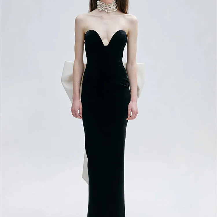 Vestido longo de bandagem colado ao corpo, sexy, sem alças, com gravata borboleta, patchwork, preto, longo, 2025, elegante, para festa à noite