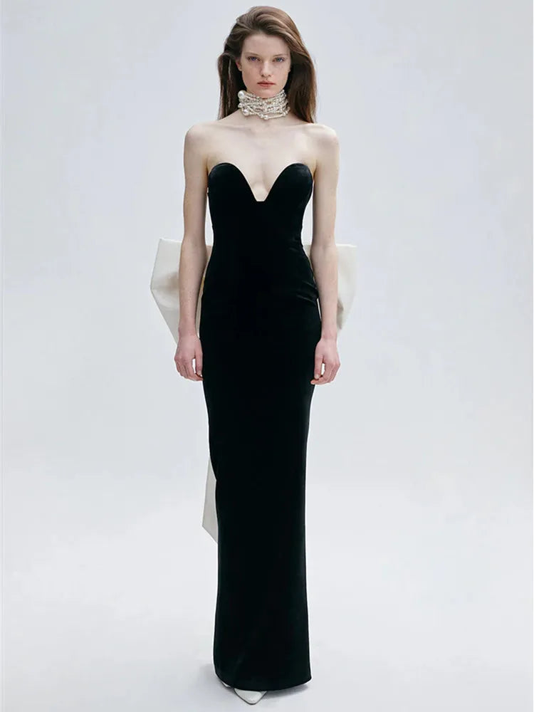 Vestido longo de bandagem colado ao corpo, sexy, sem alças, com gravata borboleta, patchwork, preto, longo, 2025, elegante, para festa à noite