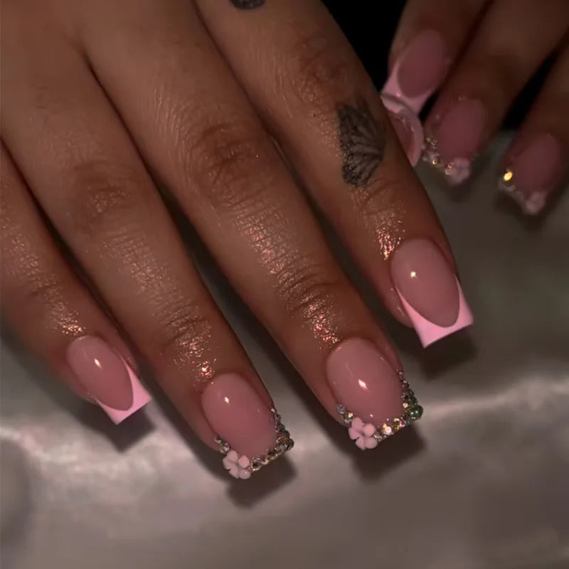 24Pcs Short Square Head French Fake Nails Press on Pink Smudge 3D Flower Design False Nails Art Detachable Full Cover Nails Tips