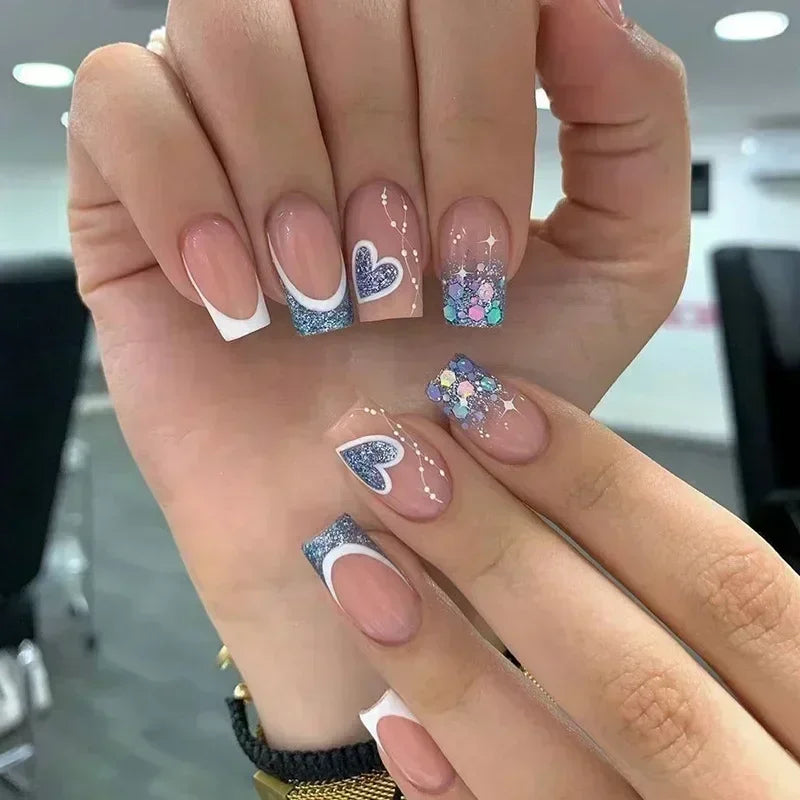 24Pcs Fashion Fake Nails Press on Short Square Head False Nail Art Black Starlit Sky Design Artifical Full Cover Nail Tips