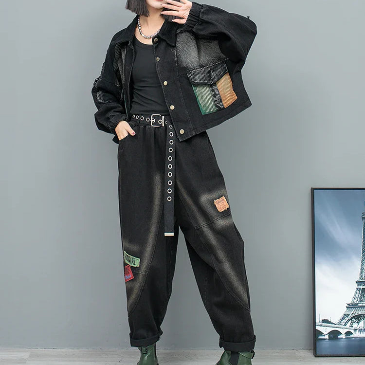 Spring Autumn New Trendy Cool Personality Distressed Long Sleeved Denim Jacket + Harem Pants Two-piece Set Women LX154