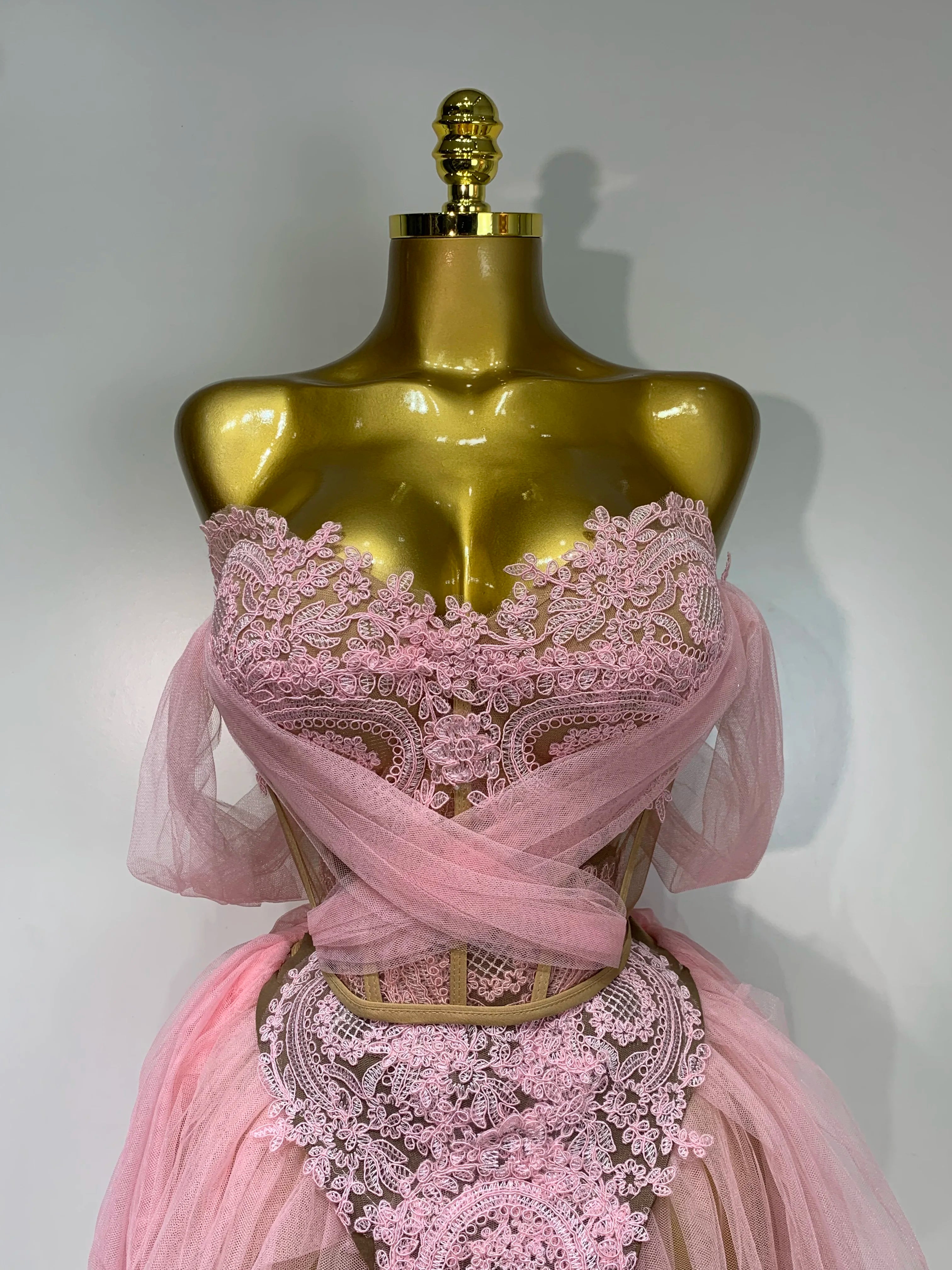 Women Sexy Strapless Pink Mesh Two Pieces Set Prom Gown Celebrate Birthday Nightclub Party Singer Stage Performance Costume