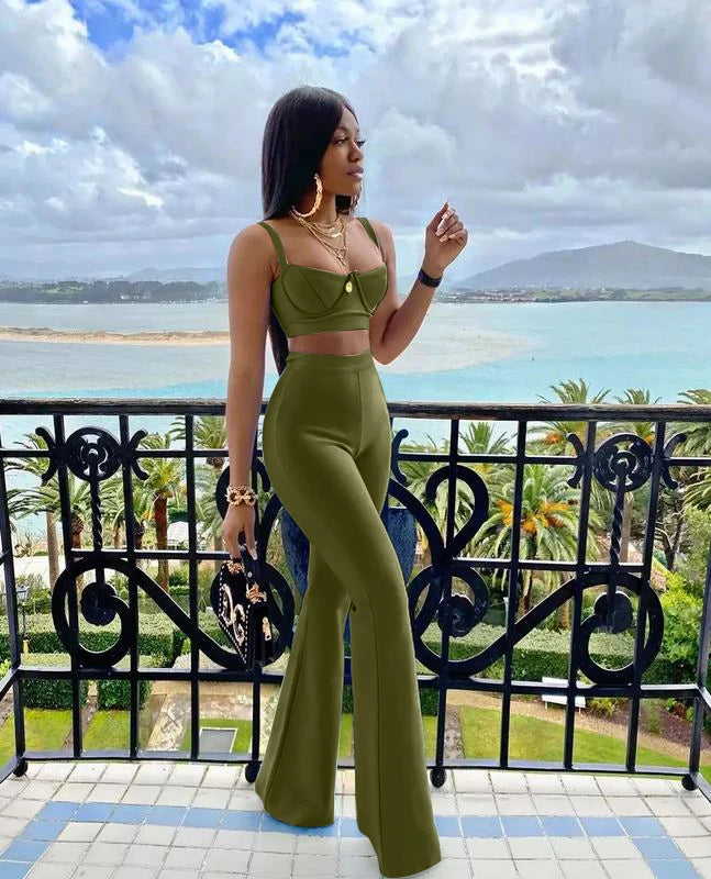 Summer Fashion Celebrity Sexy Bandage Two-piece Set Tight Short Top & High Waist Flared Trousers Pants Set