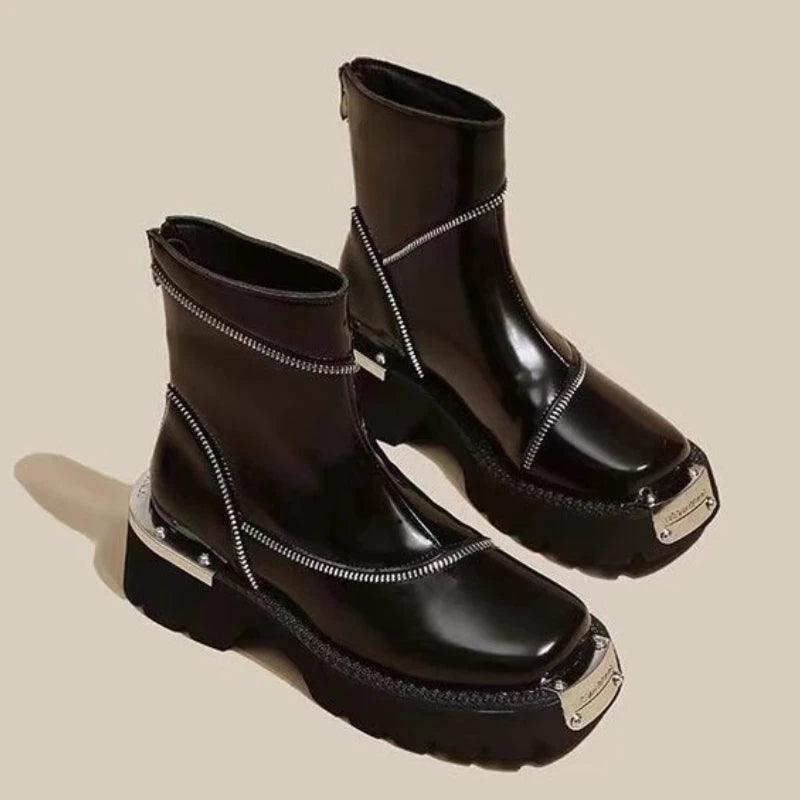 Spring 2024 Women Platform Shoes Mid Heels Brand Chelsea Boots Designer Gladiator Ankle Boots Pumps Punk Motorcycle Botas