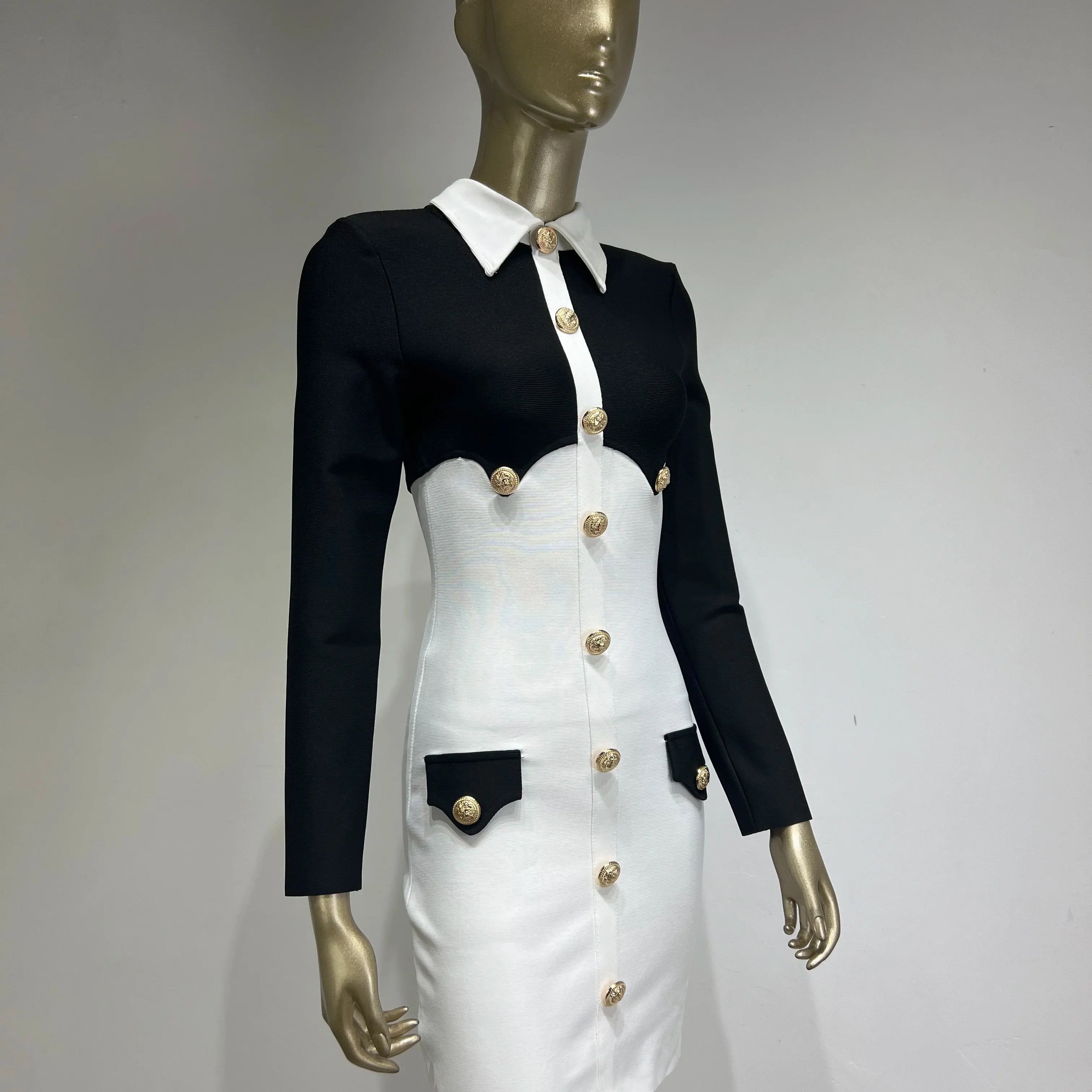 New Spring Women Long Sleeve Sexy Button Bodycon Mini Bandage Dress Elegant Evening Party Celebrate Dress Wholesale