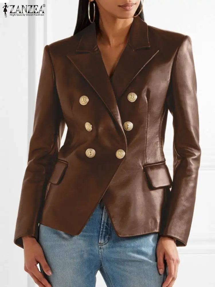 Solid Work Outerwear Women PU Leather Jacket Autumn Buttons Thin Blazer Vintage Long Sleeve Casual Lapel Collar Coat