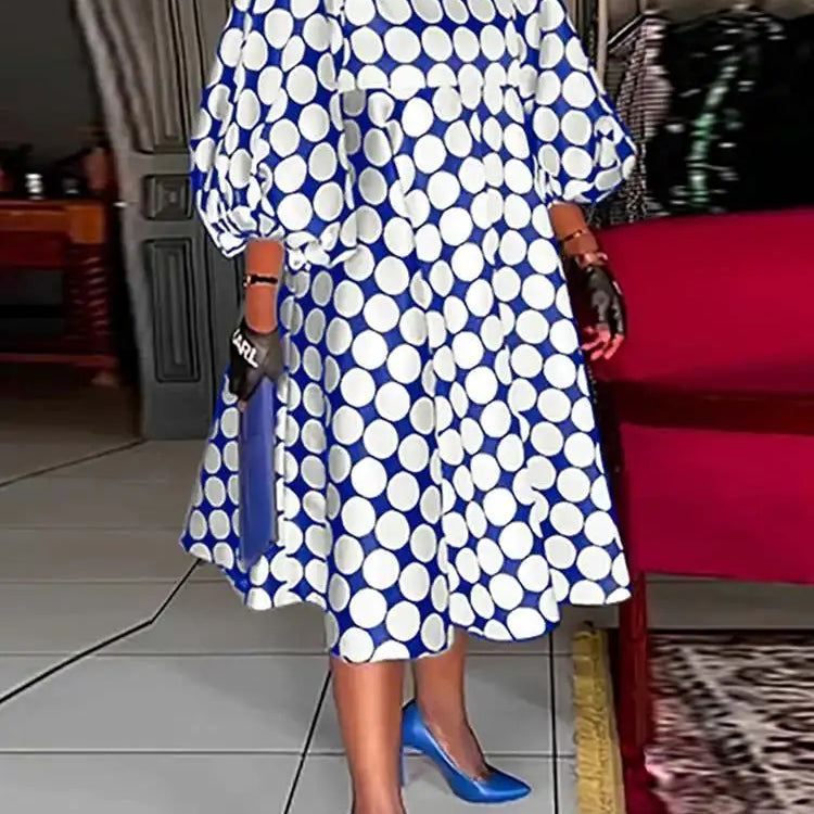 Plus Size Fashion Women Polka Dot Bohemian Dress Casual Printed Midi Sundress Summer Lantern Sleeve Loose Party Robe Blue