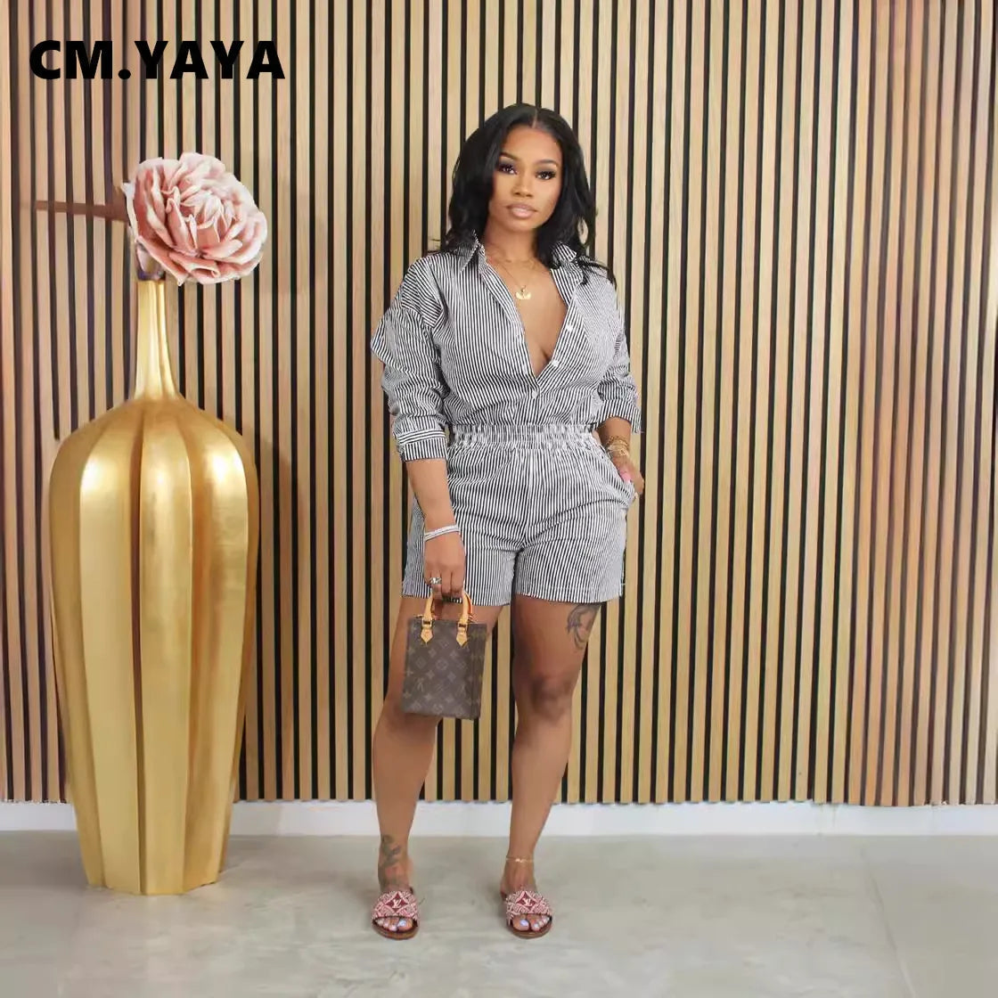 CM.YAYA Street Striped Print Women's Set Full Sleeve Shirt and Shorts Suit 2024 Cute Girl Summer Two 2Piece Set Outfit Tracksuit