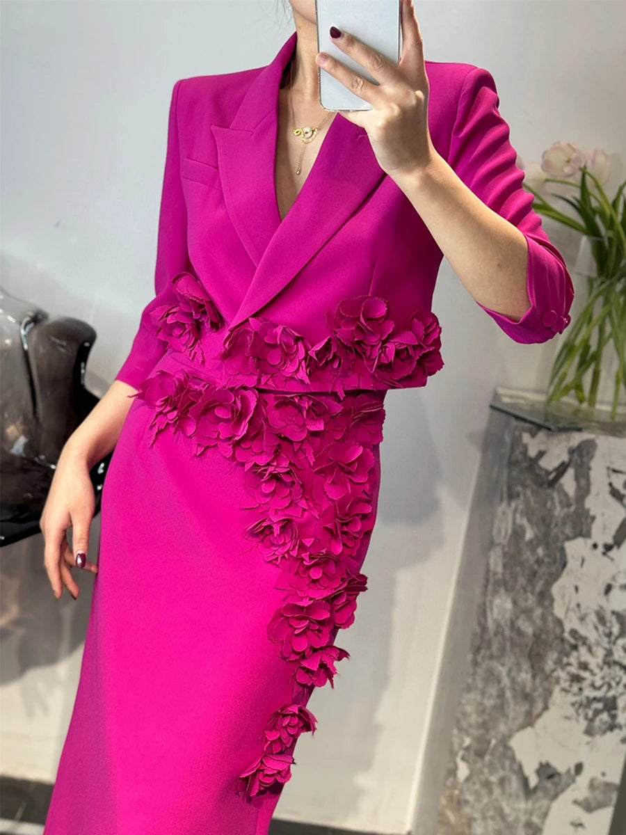 TWOTWINSTYLE Solid Slimming Spliced 3D Flower Two Piece Sets for Women Lapel Half Sleeves Short Top High Waist Skirt Set Female