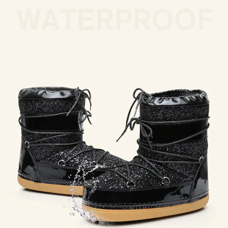 Winter Women Snow Boots Parent-Kid Waterproof Platform Non-slip Boots Children Boys Girls Lace-up Glitter Cotton Ski Boots