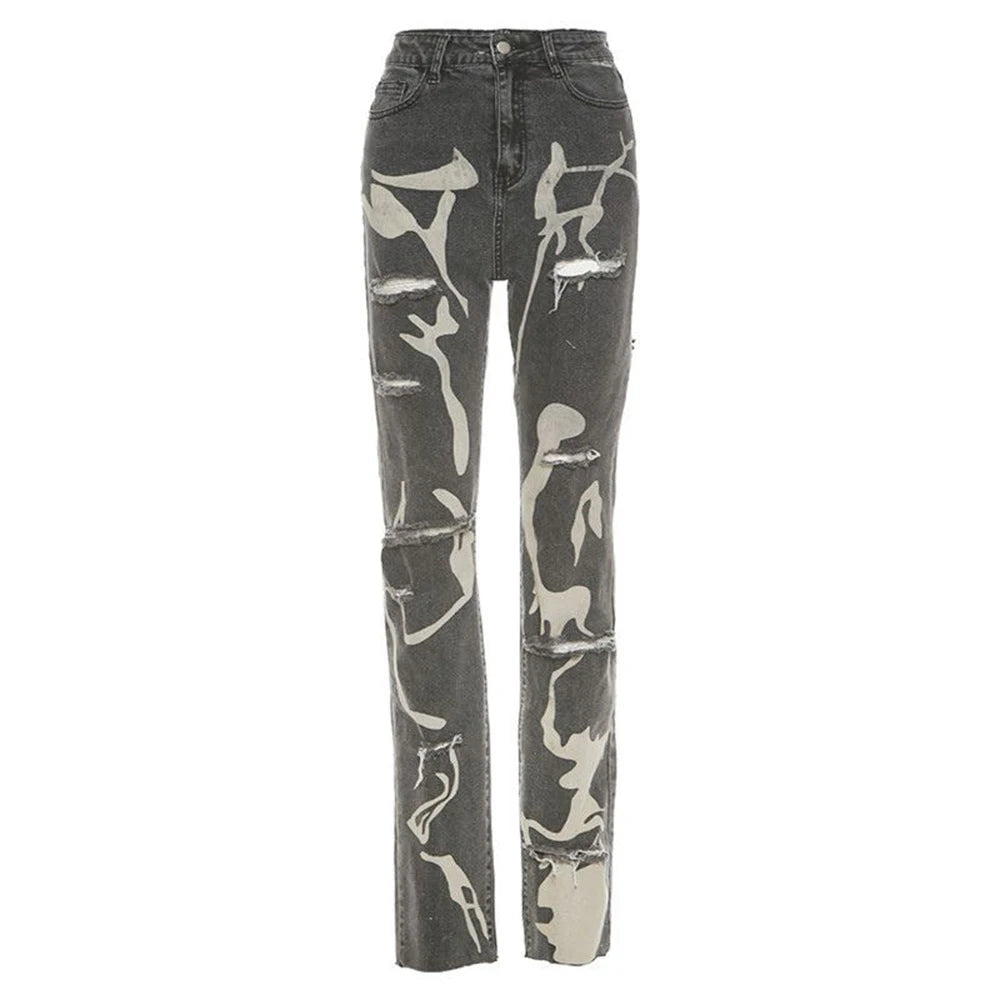 Y2K Retro Sifreyr Ripped Hole Jeans Women Fashion Print High Waist Skinny Stacked Denim Pants Grey Streetwear Elastic Trousers
