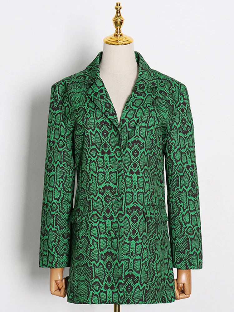 Leopard Temperament Blazer For Women Notched Collar Long Sleeve Tunic Patchwork Pocket Chic Blazers Female Fashion Clothing Green