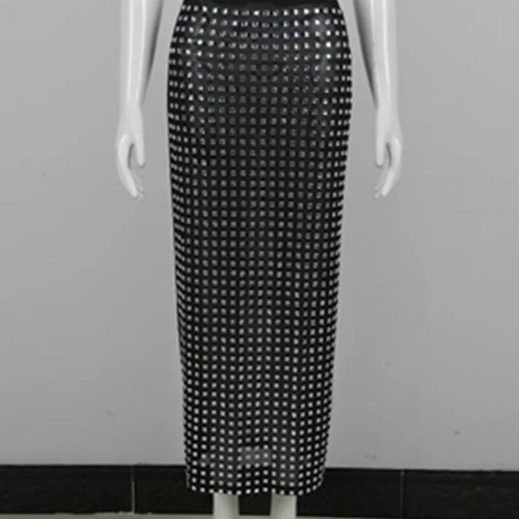 Saia midi justa com losangos pretos para mulheres, saia de cintura alta para festa e escritório, elegante, com fenda