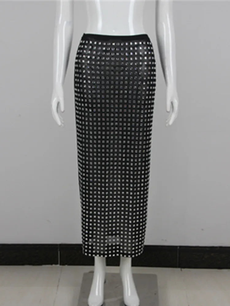 Saia midi justa com losangos pretos para mulheres, saia de cintura alta para festa e escritório, elegante, com fenda